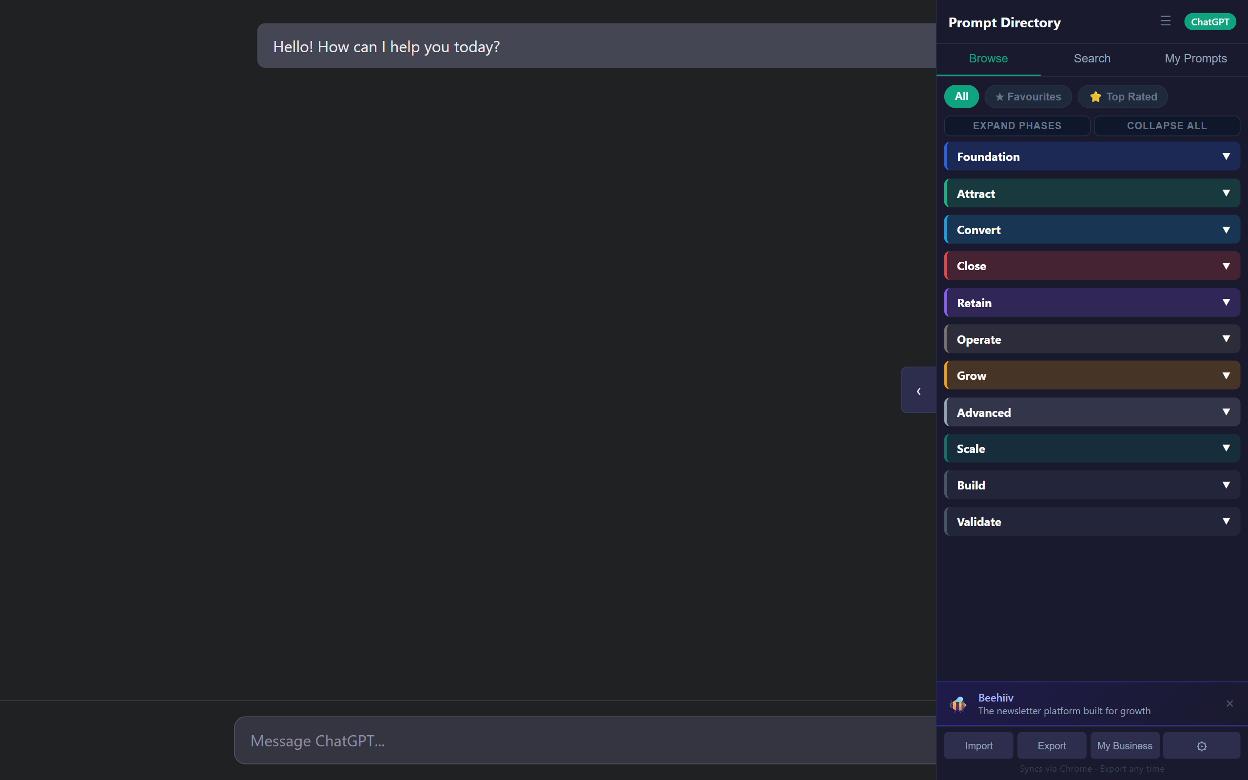Prompt Directory sidebar alongside an AI chat